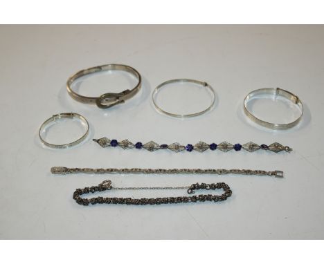 Seven Sterling silver bracelets including vintage silver and marcasite set example, approx. 74gms 