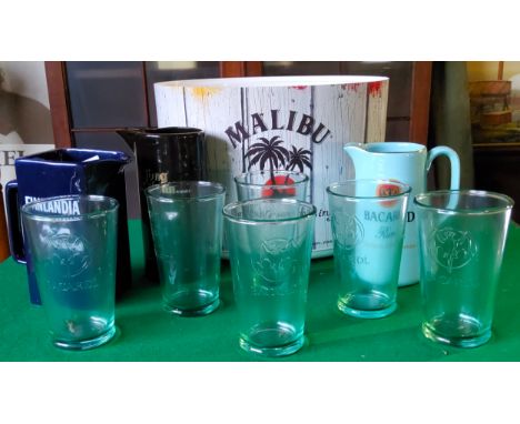 Home Bar Accessories - a Malibu ice bucket; Bacardi water jug with six Bacardi branded glasses; Finlandia Vodka and Long John