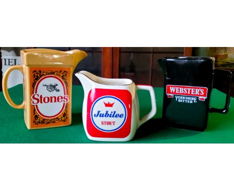 A Stones Brewery advertising water jug by Wade; Jubilee Stout advertisement water jug produced by Wade and a Webster's Brewer