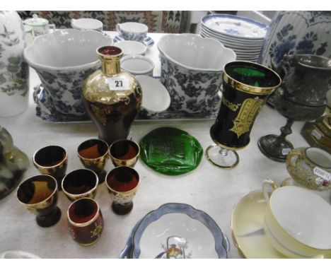 CRANBERRY AND GILT GLASS DECANTER, GLASSES, JUDAICA ITEMS