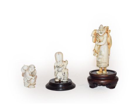 Two Japanese netsukes, one a sage of a child, a netsuke of a man with a gourd and a further ivory figure of a huntsman, 19th 