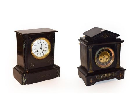 Two Victorian black slate striking mantel clocks 