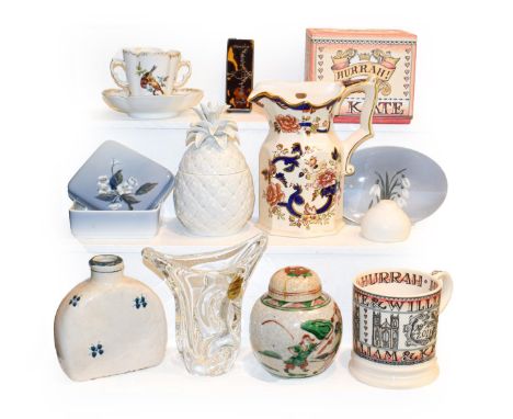 A tray of ceramics and glass including a Sevres crystal vase, Royal Copenhagen, Helena Wolfsohn chocolate cup and saucer, Del