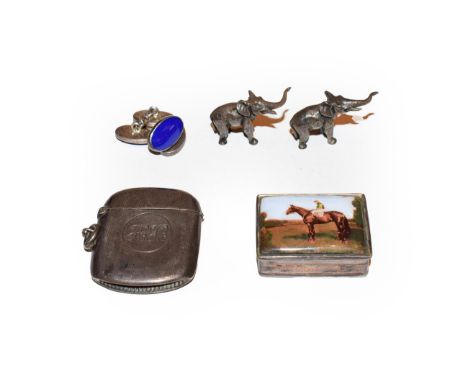 An equestrian theme silver pill box, silver vesta case, blue enamel silver cufflinks and pair of miniature silvered models of