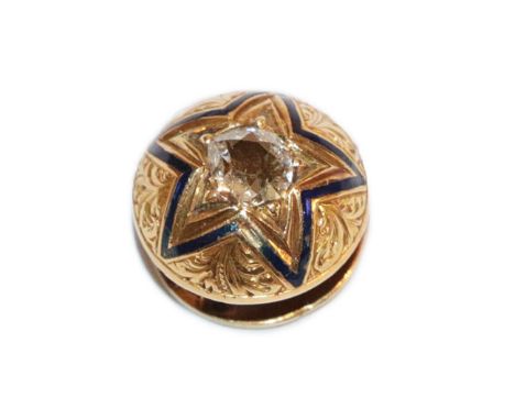 An enamel and diamond dress stud, the old cut diamond in a yellow claw setting within a blue enamel star border, estimated di