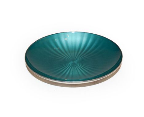 A Norwegian silver pin dish with engine turned green enamel top by David Anderson, ounch marks to the reverse, gross weight 7