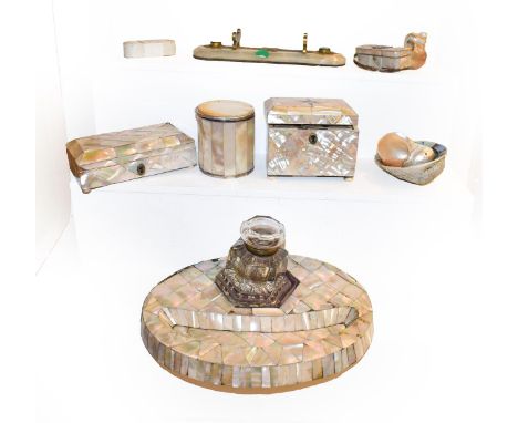 Collection of mother of pearl items including inkwell, trinket boxes and cylindrical boxes etc 