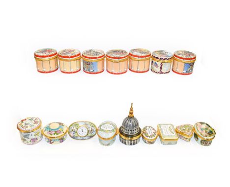 A quantity of Halcyon Days Bilston &amp; Battersea enamel boxes, including seven British Military History commemorative examp