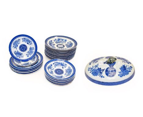 19th century Chinese blue and white part dinner service decorated in the Fitzhugh pattern comprising tureen lid, eleven soup 