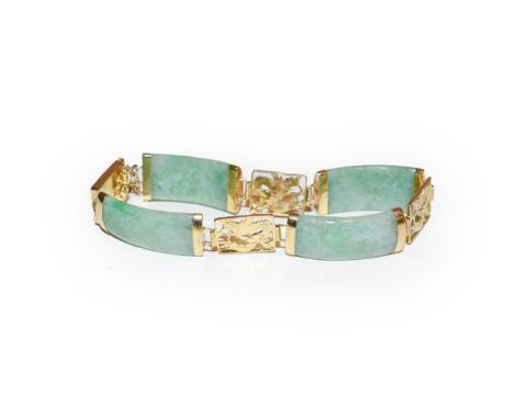 A 14 carat gold jade type bracelet, length 18cm.  Gross weight 17.0 grams. 