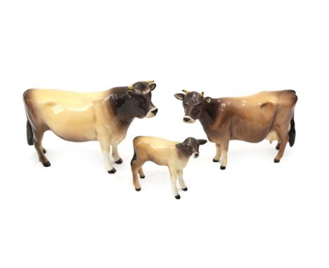 Beswick Cattle Comprising: Jersey Bull Ch. ''Dunsley Coy Boy'', model No. 1422, Jersey Cow Ch. ''Newton Tinkle'', model No. 1