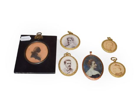 Six portrait miniatures including early 19th century silhouette example, sitter named to the reverse as Thomas Reymer togethe