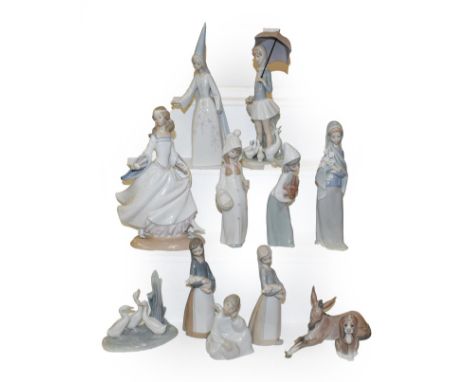 A quantity of Spanish porcelain figures and models mostly Lladro, two Nao