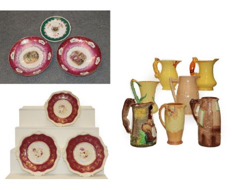 Assorted ceramics including three Rockingham gadroon and shell moulded plates, red griffin marks circa 1826-30, an armorial p