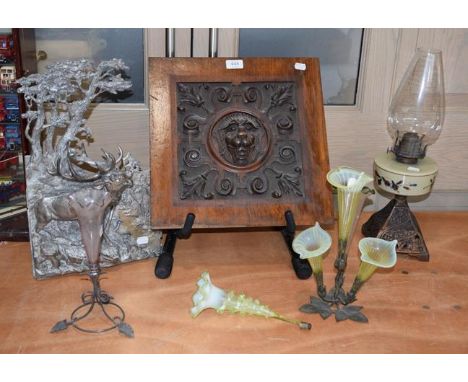 A Britannia metal plaque 46cm by 28cm, a study of a stag signed GG Bommer and a Gothic revival carved oak square plaque depic