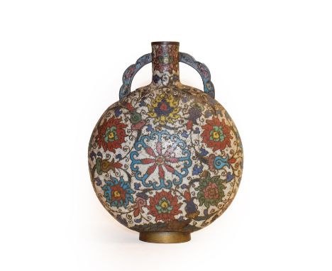 A 19th century Chinese cloisonne moon flask, twin handled and decorated with stylized flowers over a white ground, 20cmSome l