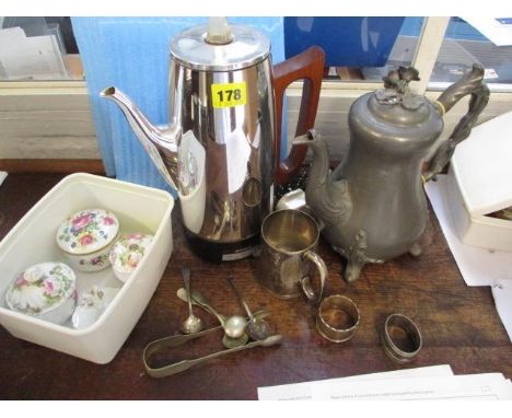 A mixed lot to include silver plated coffee pots, silver napkin rings and small ceramic trinket boxes 
