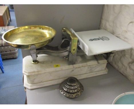 A set of Victorian Fairburn Bros scales on a marble base, 11" h, 2 1/2" w 