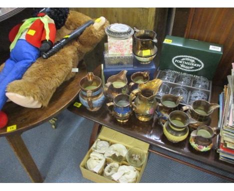 A selection of lustre ware jugs, glassware to include Portmerion etched tumblers, together with vintage toys and an anglepois