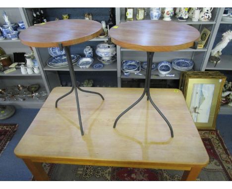 A light wood kitchen table on four shaped legs and two kitchen occasional tables on metal legs 