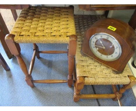Two oak framed cane stools and a mid 20th century oak cased mantle clock 