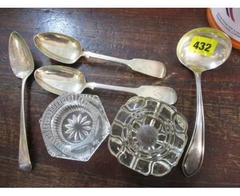 Three silver spoons, a silver ladle and two cut glass dishes 