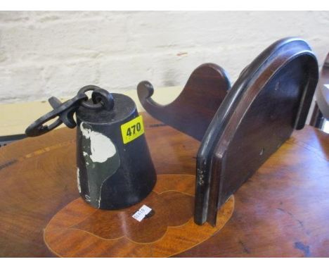 A Victorian weight adapted door stopper, together with a mahogany plant shelf 