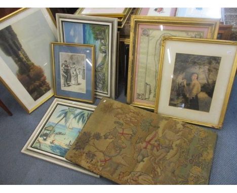Mixed pictures to include a George Baxter print, a tapestry, oil paintings depicting beach scenes and others 