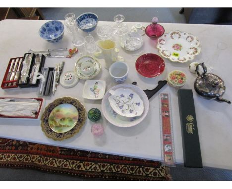Mixed china, glass and silver plate to include Belleek china, community plate flatware and other items 