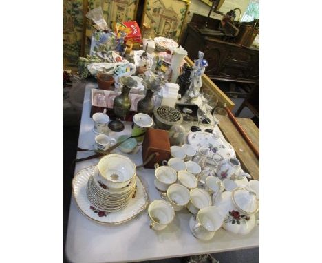 A large mixed lot to include Dresden, Limoges, figures, a pair of silver plated vases, mixed plates and other items 