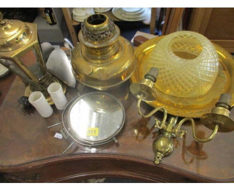 A Goldsmiths & Silversmiths company, vintage shaving mirror and vintage brass light, a brass tray and shoe stays 