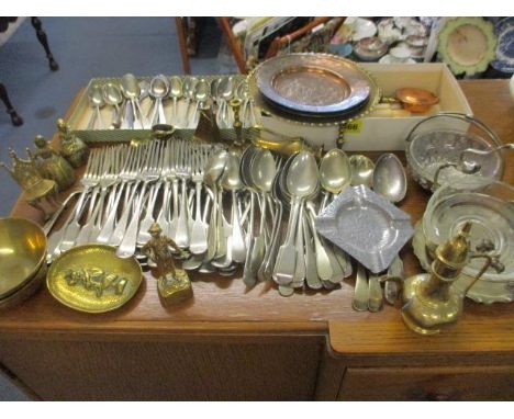 Mixed cutlery and flatware to include silver plate, together with brassware and a pair of Iranian copper plates 