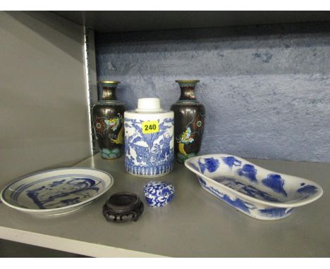 A group of Chinese blue and white ceramics to include a tea caddy with a six character mark to the base and a pair of Chinese