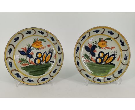 NIEDERLÄNDISCHE KERAMIK: 2 TELLER / SCHALEN in Art Delfter Keramik, Fayence, cremefarbener Scherben. Weiße Glasur mit polychr