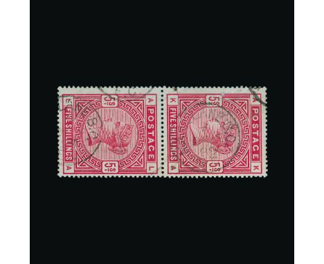 Great Britain - QV (surface printed) : (SG 176) 1883-84 blued paper (apparently) 5s rose, vertical pair, KA-LA, centred to ri