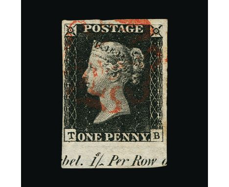 Great Britain - QV (line engraved) : (SG 2) 1840 1d black, plate 6, TB, 4 small to huge margins, part marginal at bottom with