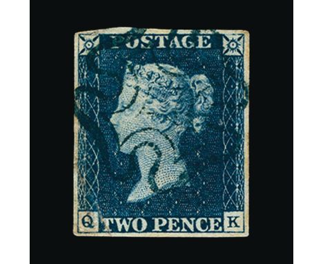 Great Britain - QV (line engraved) : (SG 5e) 1840 2d blue, plate 1, QK, 4 neat margins, full crisp BLUE Maltese Cross, corner