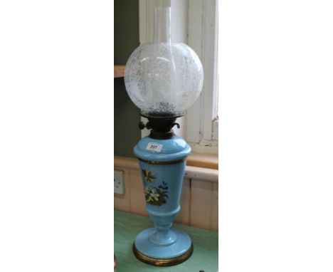 A 19th Century Bohemian blue glass oil lamp with etched glass shade