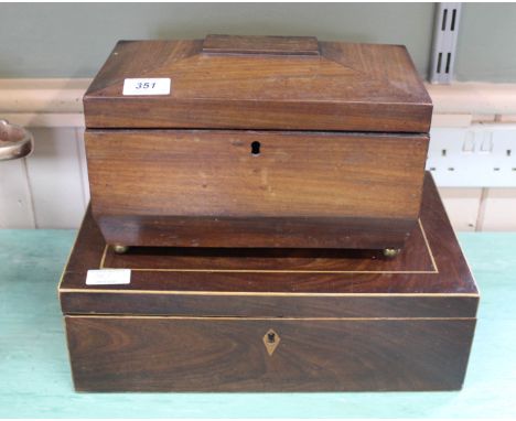 A mid 19th Century inlaid mahogany writing box plus a rosewood sarcophagus shaped tea caddy