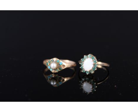 Two 9ct gold rings, one with opal and emeralds, the other set with turquoise and seed pearls (as found)