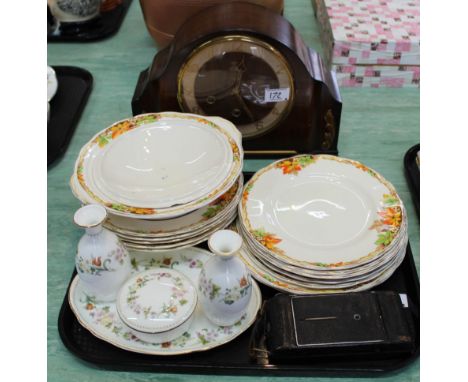 Mixed cream petal china, a Wedgwood four piece set, a 1950's mantel clock plus a Goerz German camera