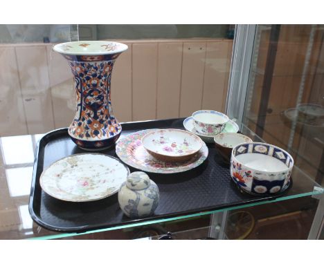 A Lowestoft porcelain tea bowl and saucer with various Oriental and Oriental style ceramics including Imari pattern