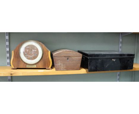 A black enamel deed box, a Regency satinwood inlaid workbox plus a walnut mantel clock