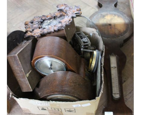 A box of clock parts, two mantel clocks plus a barometer case