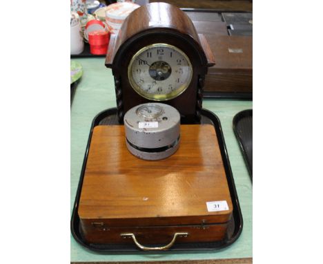 A cased watchmakers lathe, a clocking-in clock plus a 1920's oak mantel clock