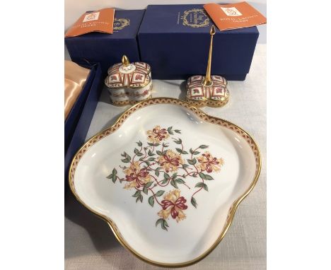 Royal Crown Derby to include Honey suckle pattern trinket box, ring holder and tray. Boxed and mint. (3)