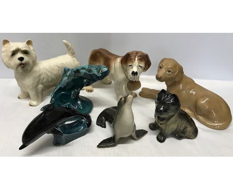 Collection of animal ornaments inc Coopercraft Scottish Terrier, St Bernard, Szeiler Labrador, Trentham Terrier. Poole Dolphi