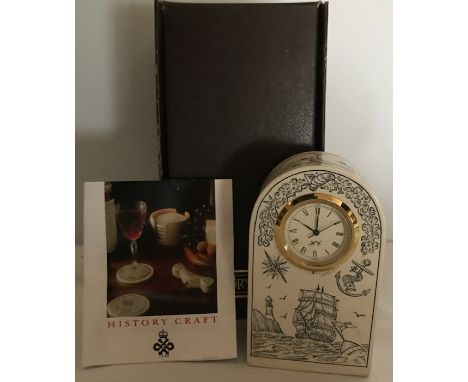 History Craft, England, Scrimshaw design mantle clock, unused, retail boxed, approx 10cms t. 