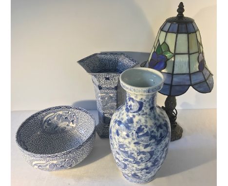 Two blue and white ceramic vases, one William Adams together with William Adams bowl and Tiffany style table lamp.