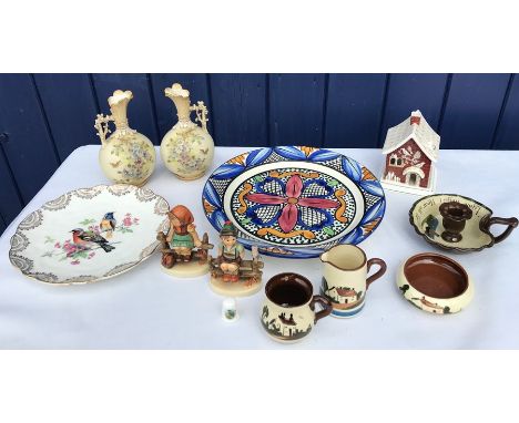 Twelve various ceramics to include 2 Hummel figures, Coalport, 'Red House', 4 Torquay motto pieces, slight a/f to 2.